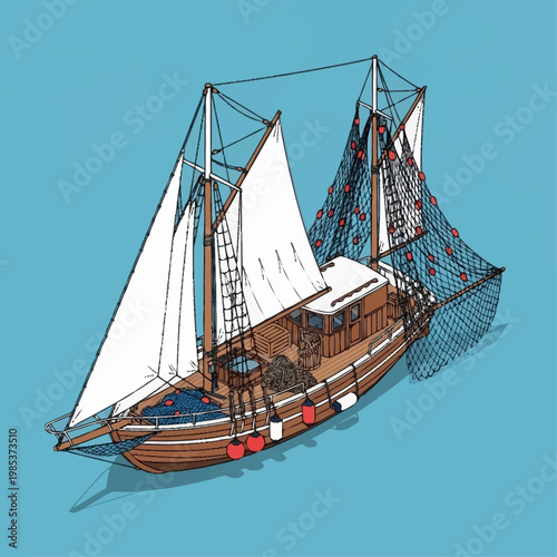 A traditional wooden sailing boat with fishing net.