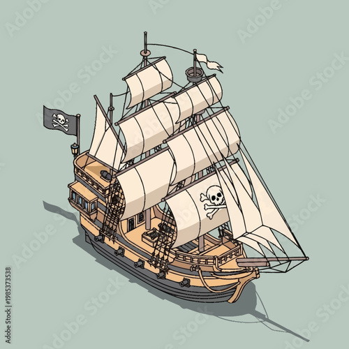 Illustration of a pirate ship sailing.