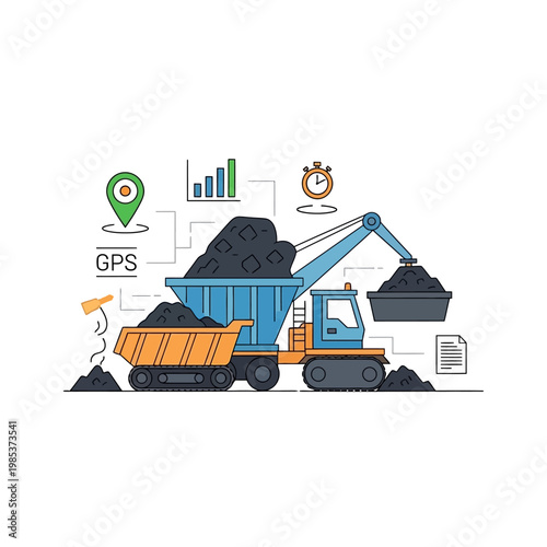 Excavator Loading Coal into Dump Truck, GPS Tracking and Data Analytics