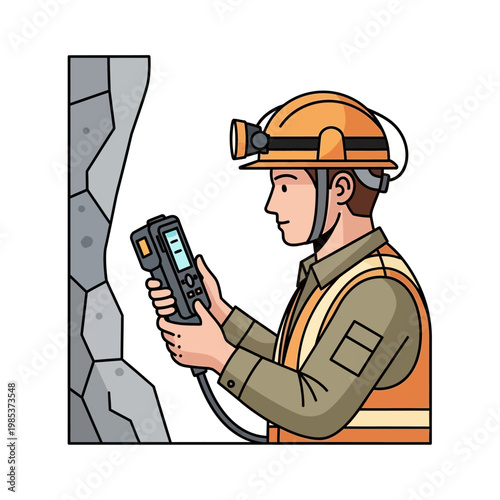 Miner in hard hat inspecting rock face with handheld device in mine