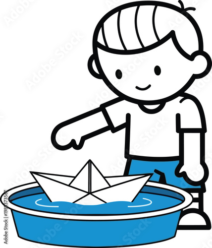 Happy boy playing with paper boat in water bowl, childhood fun, imagination