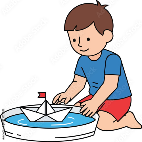 Child playing with paper boat in water bowl, childhood fun, imagination, outdoor activity