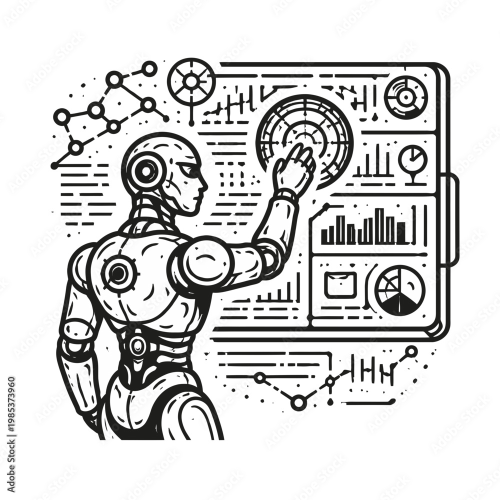Obraz premium Conceptual Line Art Depicting an Advanced Android Interacting with a Virtual Data Interface, Highlighting Artificial Intelligence, Machine Learning, and Futuristic Digital Analytics Development