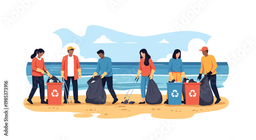 Group of dedicated volunteers collecting trash and recycling plastic on a sunny beach near the blue ocean.