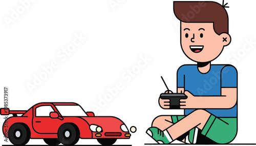 Boy playing with remote control car, enjoying indoor fun and games