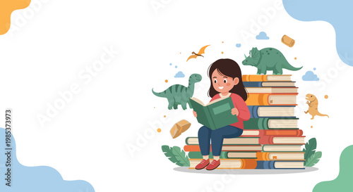Imaginative young girl sitting on a large stack of books and reading while dinosaur figures come to life around her.