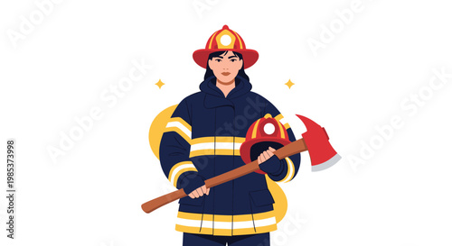 Brave female firefighter in full protective gear holding a red axe and an extra helmet with a confident look.