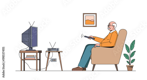 Senior man sitting comfortably in an armchair and using a remote control to watch television at home.