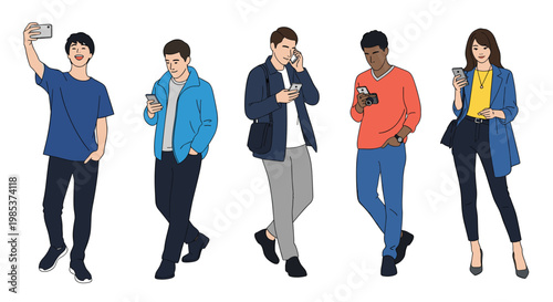 Set of diverse people using their smartphones for calling, texting, taking selfies, and browsing while standing.