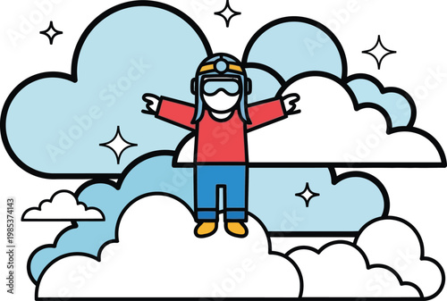 Dreamer Character in Clouds, Reaching Out, Sky, Stars, Imagination