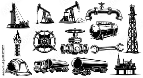 Industrial Oil Gas and Energy Equipment Vector Icons