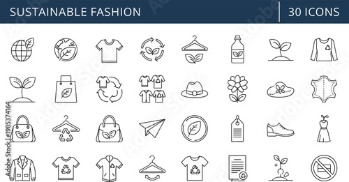 Sustainable fashion icon set with eco clothing recycling organic materials and ethical apparel symbols in outline style
