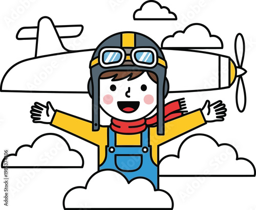 Joyful child aviator in clouds with airplane, retro pilot costume, dreams