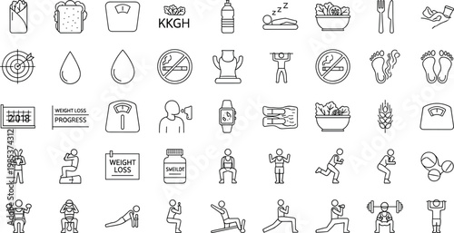 Weight loss and fitness icon set with diet exercise progress tracking and healthy lifestyle symbols in outline style design