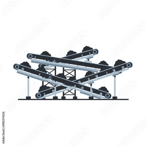 Industrial conveyor belts transporting bulk material, overhead view, flat design