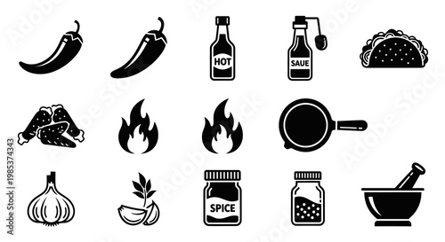 Spicy Food and Hot Chili Sauce Icon Vector Collection