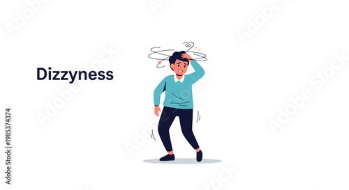 Man holding his head and feeling dizzy with spinning lines and swirls above him in a sickness concept.