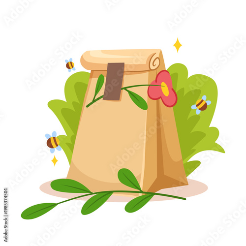 Eco paper bag with leaves and bees in cartoon style on white background, concept of green packing. Vector illustration