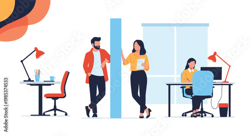 Diverse group of professional colleagues working and collaborating in a clean and modern office environment.