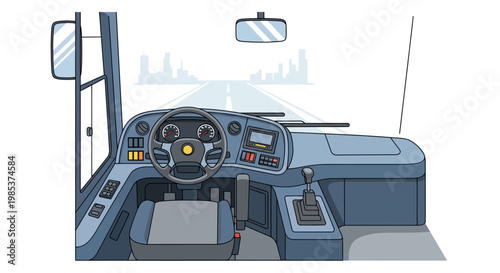 Bus Interior Illustration with Dashboard and Cityscape View