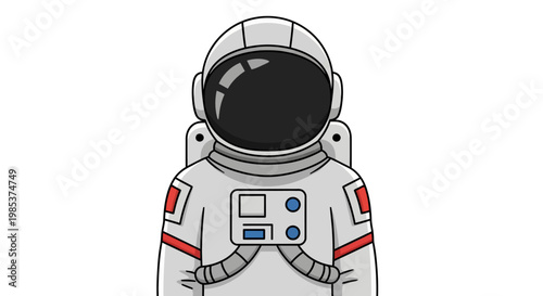 Cartoon astronaut in white spacesuit with black visor and chest controls