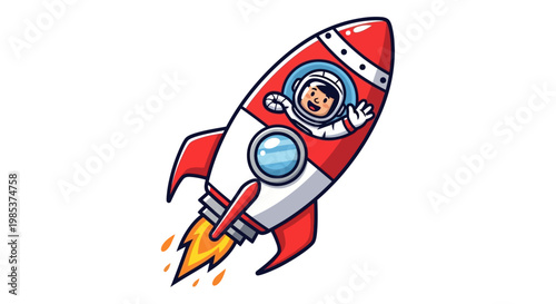 Cartoon astronaut waving from a red and white rocket ship