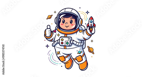 Cartoon Astronaut with Rocket and Thumbs Up in Space