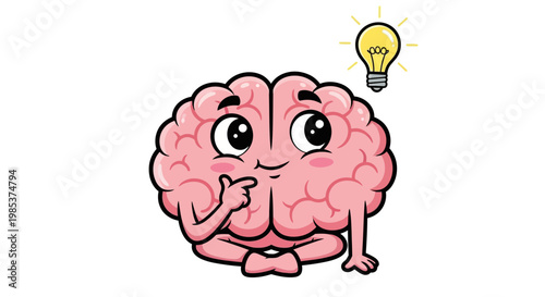 Cartoon Brain Thinking with Lightbulb Idea