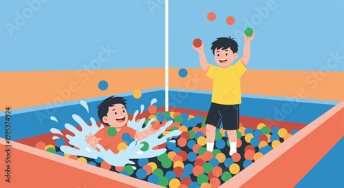 Two happy young boys having fun playing and jumping in colorful ball pit at indoor playground or children leisure center.