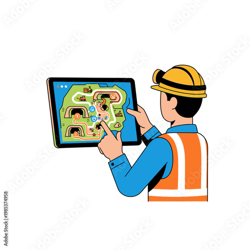 Miner in hard hat using tablet with mine map and GPS navigation, safety vest