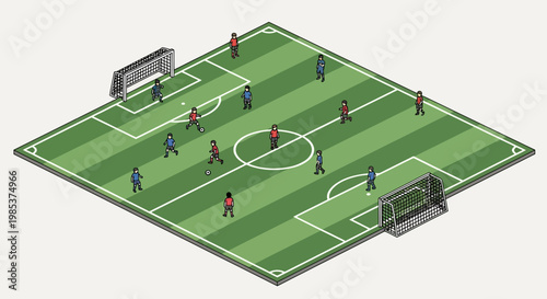 Soccer players on green field playing.