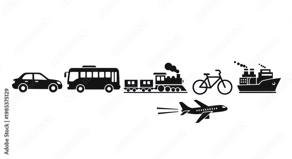 Fototapeta premium Transportation icons car bus train bicycle ship and airplane on white