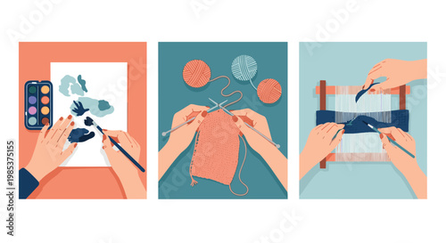 Series of artistic hands engaged in creative hobbies including painting with watercolors knitting with wool and weaving.