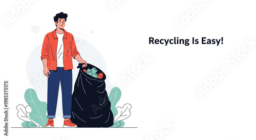 Young man holding large black trash bag filled with plastic bottles and containers promoting easy recycling habits.