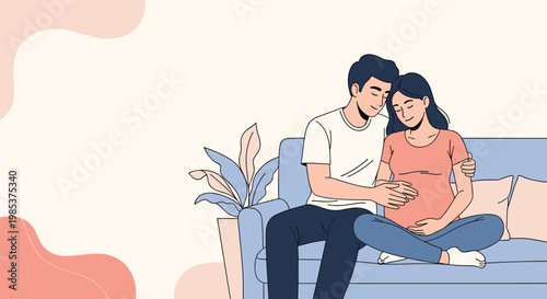 Loving husband sitting on sofa next to his pregnant wife gently touching her belly while waiting for baby arrival.