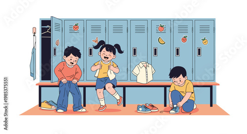 Group of cheerful kids in school locker room changing their clothes and putting on sneakers for sports class activity.