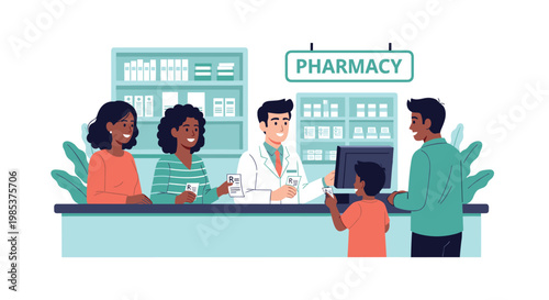 Group of diverse customers receiving prescriptions and medical advice from male pharmacist at drugstore counter.