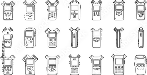 Black and White Line Art of Various Digital Voice Recorders, Portable Audio Devices, Technology Icons
