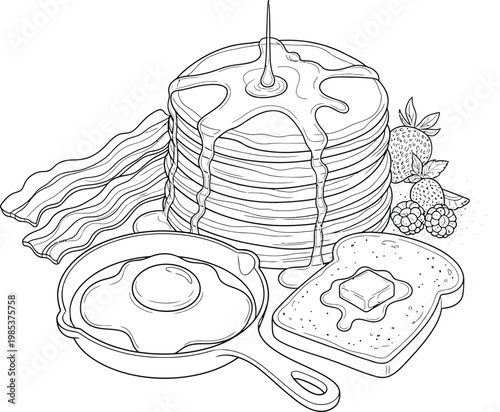 Illustration of a breakfast scene with pancakes, bacon, and eggs