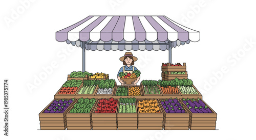Female market vendor standing behind her stall filled with crates of fresh organic vegetables at farmers market.