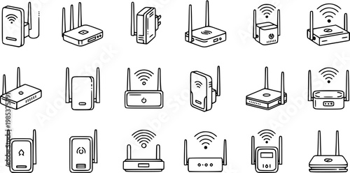 Black and White Line Art Icons of Various Wifi Routers and Modems, Technology Niche
