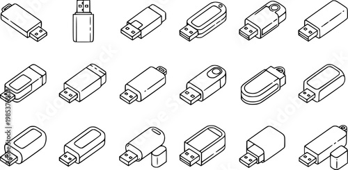 Black and White Line Art Collection of Various USB Flash Drives, Technology Storage Devices
