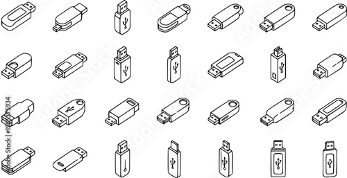 Black and White Line Art Icons of USB Flash Drives, Technology Data Storage Vector