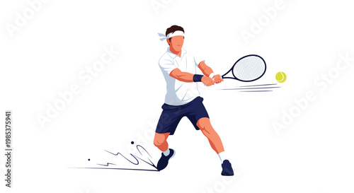 Professional male tennis player hitting a powerful backhand shot with a racket and yellow ball on white background.