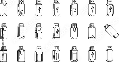 Black and White Line Art Icons of Various USB Flash Drives, Technology and Data Storage Concept