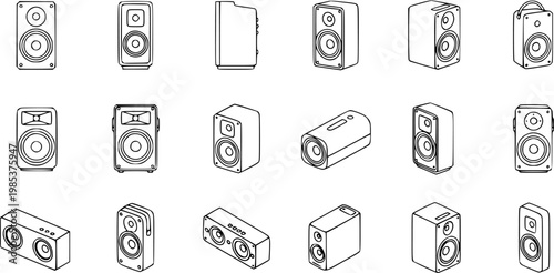 Black and White Line Art Collection of Various Speaker Designs, Technology, Audio Equipment