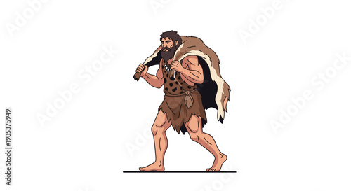 Prehistoric caveman with a long beard wearing primitive animal skin clothing while walking against a white background.