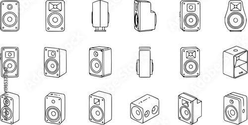Black and white line art illustration of various audio speaker designs, technology, and sound equipment