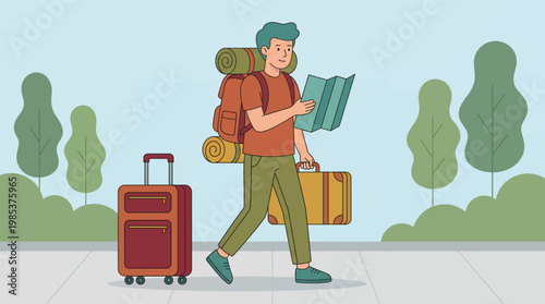 Smiling Man with Backpack and Suitcases Consulting a Map Outdoors