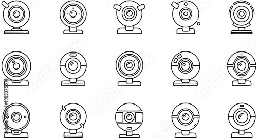 Black and White Line Art Icons of Various Webcam Designs on White Background
